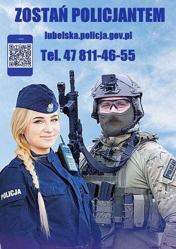 Baner z policjantami i napisem zostań jednym z nas.