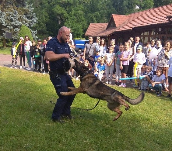 policjant podczas pokazu z psem służbowym