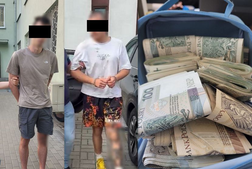 Zatrzymani mężczyźni i odzyskane pieniądze.