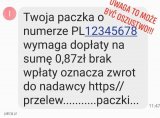 Treść sms-a przesłanego przez oszustów: Twoja paczka wymaga dopłaty