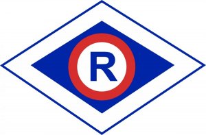 Znak graficzny służby ruchu drogowego. Znak ma kształt rombu. W środku znajduje się białe koło, w którym widnieje duża litera R. Białe koło otoczone jest czerwoną obwódką.