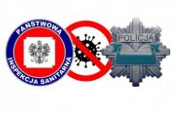 Logo KGP, Państwowej Inspekcji Sanitarnej i znak koronawirusa.