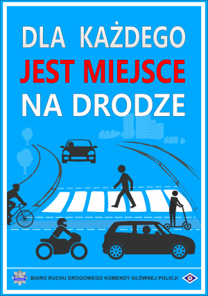 Plakat z napisem: Dla każdego jest miejsce na drodze. Pod nim wszyscy uczestnicy ruchu na drodze. to jest pieszy, osoba na hulajnodze, motocyklista i dwaj kierujący samochodami. Na dole strony gwiazda policyjna i logo Wydziału Ruchu Drogowego oraz napis Biuro Ruchu Drogowego Komendy Głównej Policji
