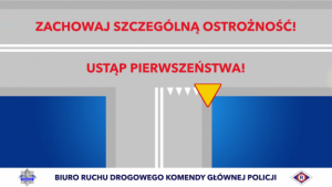 slajd ze spotu w ramach akcji "Dla każdego jest miejsce na drodze" z napisem Zachowaj ostrożność - ustąp pierwszeństwa Biura Ruchu Drogowego KGP"