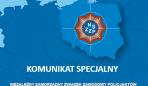 niebieskie tło, na nim zarys Polski na niej logo z napisem NSZZP. Poniżej napis Komunikat Specjalny Niezależny Samorządny Związek Zawodowy Policjantów