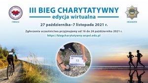 plakat promujący bieg z napisem III Bieg Charytatywny edycja wirtualna z datą oraz linkiem do strony internetowej