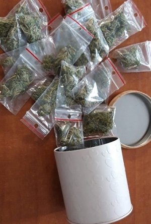 susz roślinny zapakowany w woreczki foliowe  zapięciem strunowym. Obok pudełko koloru białego w którym znajdowały się narkotyki