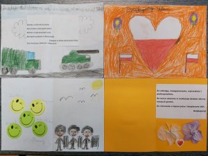 4 laurki przedstawiające żołnierzy, czołgi oraz serce w kolorze biało czerwonym wraz z podziękowaniami