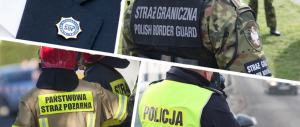 kolaż czterech zdjęć, na trzech zdjęciach odwróceni tyłem funkcjonariusze policji, straży granicznej i  państwowej straży pożarnej z nazwami służb na plecach kamizelek założonych na mundury, na czwartym zdjęciu klapa garnituru z logiem służby ochrony państwa
