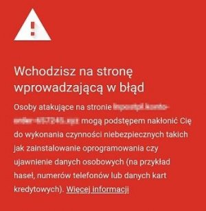komunikat systemowy na czerwonym tle "Wchodzisz na stronę wprowadzającą w błąd" Na górze trójkąt z wykrzyknikiem.