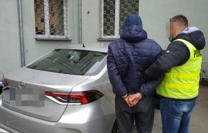 Policjant ubrany w kamizelkę z napisem policja wprowadza do samochodu zatrzymanego, który ma założone kajdankami na ręce trzymane z tyłu.