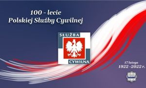 plakat informujący o 100 leciu Służby Cywilnej z polskim godłem i napisem 100-lecie Polskiej Służby Cywilnej