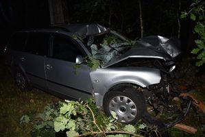 uszkodzony samochód z wybitą przednią szybą stoi poza drogą
