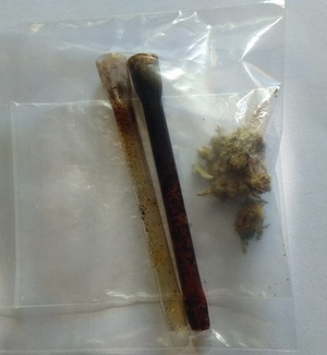 zielony susz i dwie szklane fifki w woreczku foliowym z zapięciem strunowym