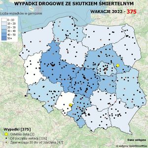mapa Polski z naniesionymi punktami w miejscach, gdzie doszło do wypadków śmiertelnych