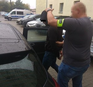 policjant wprowadza do radiowozu zatrzymanego