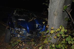 uszkodzony samochód, który uderzył w drzewo.