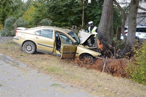 policjant obok uszkodzonego samochodu osobowego, który uderzył w drzewo