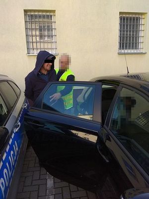 policjant wprowadza zatrzymanego do samochodu
