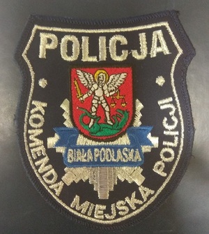 naszywka z napisem POLICJA Komenda Miejska w Białej Podlaskiej, oaz herb miasta