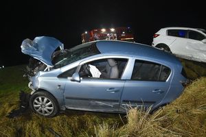 uszkodzone samochody stojące poza drogą, w tle wóz straży pożarnej.