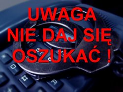 Zdjęcie klawiatury. Na zdjęciu czerwony napis: Uwaga nie daj się oszukać.
