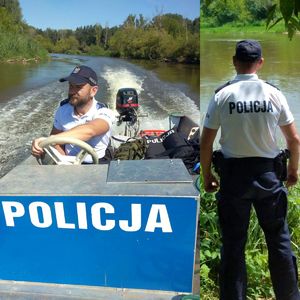 kolaż zdjęć. Policjant na łódce oraz policjant stojący tyłem przy brzegu rzeki