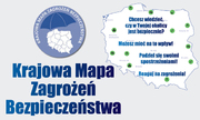 Logo Krajowej Mapy Zagrożeń Bezpieczeństwa, po prawej konturowa mapa Polski z hasałmi