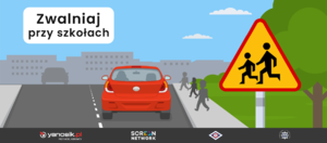 samochód jadący ulicą. Obok idące chodnikiem dzieci przed nimi znak uwaga dzieci. Po lewej stronie napis zwalniaj przy szkołach