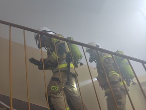 strażacy wchodzą do zadymionego budynku