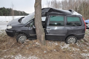uszkodzony samochód stojący przy drzewie.