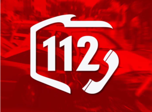 biały napis na czerwonym tle 112 wbudowany w kontur POLSKI