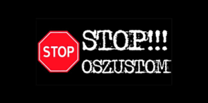 napis Stop Oszustom na czarnym tle. Po lewej stronie czerwony znak STOP