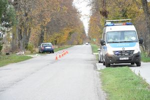 rower leżący poza drogą. oraz auto stojące obok. Po drugiej stronie drogi radiowóz