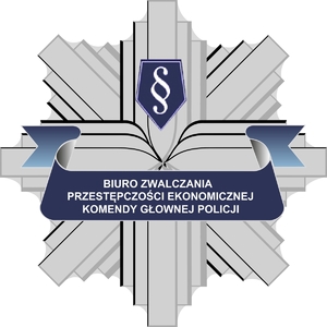 policyjna gwiazda z napisem Biuro Zwalczania Przestępczości Ekonomicznej Komendy Głównej Policji. Powyżej napisu symbol paragrafu