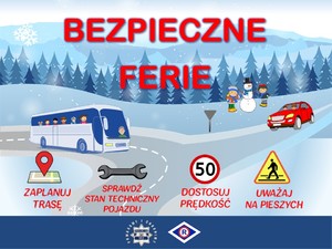 Plakat Akcji. Napis &quot;Bezpieczne Ferie&quot;. Na obrazku autokar jadący z lewej strony, po przeciwnej auto osobowe.  Poniżej krótki informacje: zaplanuj trasę, sprawdź stan techniczny pojazdu, dostosuj prędkość, uważaj na pieszych