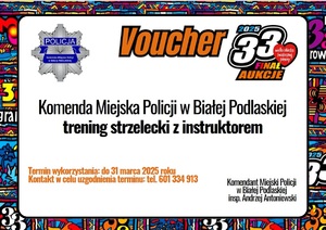 voucher na trening strzelecki z instruktorem. Do wykorzystania do dnia 31 marca 2025 roku. Komendant Miejski Policji w Białej Podlaskiej insp. Andrzej Antoniewski