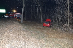 miejsce zdarzenia. Samochód stojący poza drogą. W tle pojazd straży pożarnej