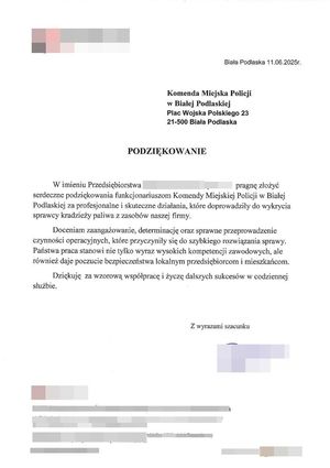 pismo zawierające podziękowania dla policjantów