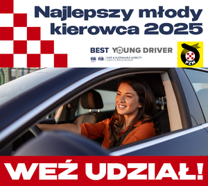 Plakat konkursu: Najlepszy Młody Kierowca. Kobieta siedzi za kierownicą auta. Poniżej napis Weź udział. Na górze napis: Najlepszy młody kierowca 2025.