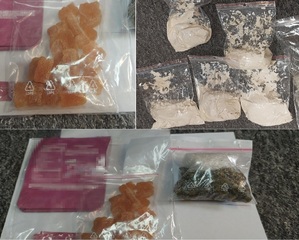 kolaż zdjęć. Narkotyki w woreczkach foliowych