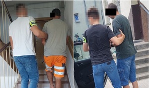 kolaż zdjęć policjanci prowadzą dwóch zatrzymanych