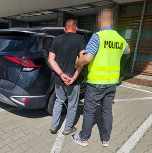 policjant wprowadza zatrzymanego do radiowozu