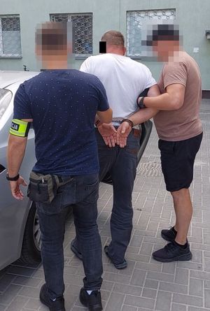 policjanci wprowadzają zatrzymanego do radiowozu