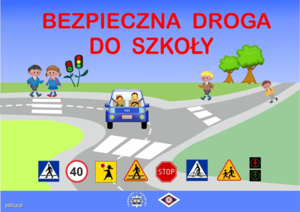 plakat &quot;Bezpieczne wakacje&quot;. Na górze napis Bezpieczne wakacje. po prawej stronie dzieci idące przez przejście dla pieszych. Po drugiej stronie dzieci idące chodnikiem . Na środku dwie osoby jadące samochodem