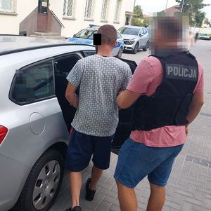 policjant wprowadza zatrzymanego mężczyznę do radiowozu