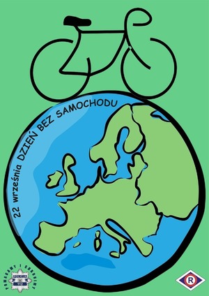 &quot;Plakat promujący Dzień bez samochodu. Widoczny rower stojący na kuli ziemskiej