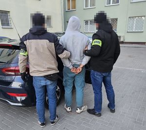 policjanci wprowadzają zatrzymanego do radiowozu