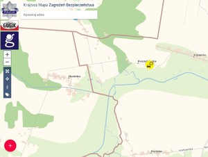 wycinek z Krajowej Mapy Zagrożeń Bezpieczeństwa. Widoczna mapa z nazwą miejscowości oraz zgłoszonym zagrożeniem