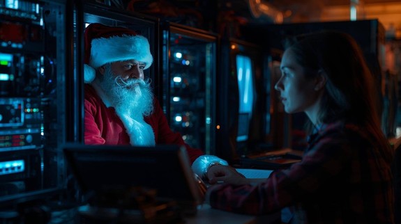 zdjęcie kobiety siedzącej przed komputerem. Po drugiej stronie mężczyzna ubrany w strój Mikołaja